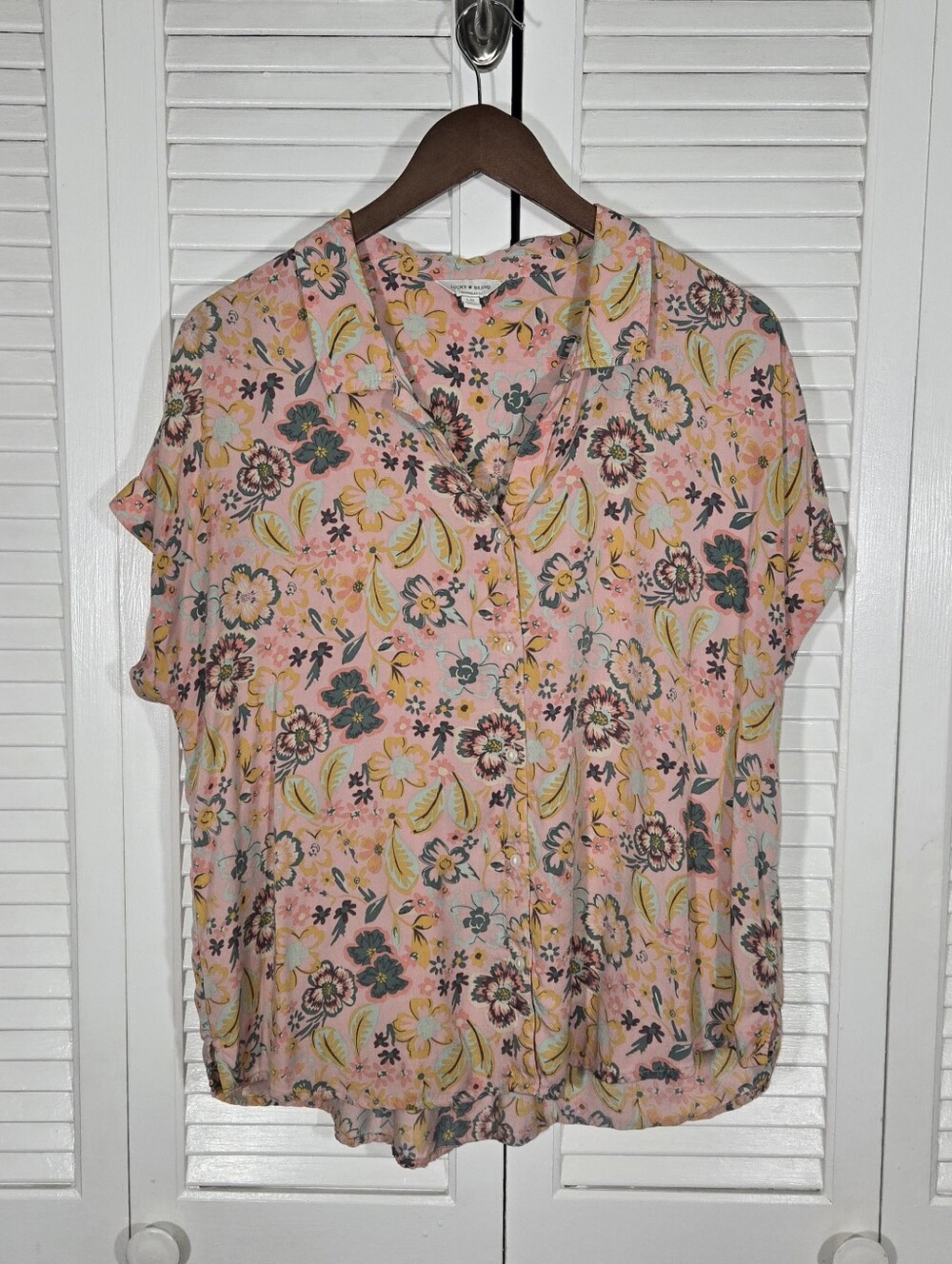 Lucky Brand Pink Floral Dolman Short Sleeve Button Up Botanical Camp Collar Top
